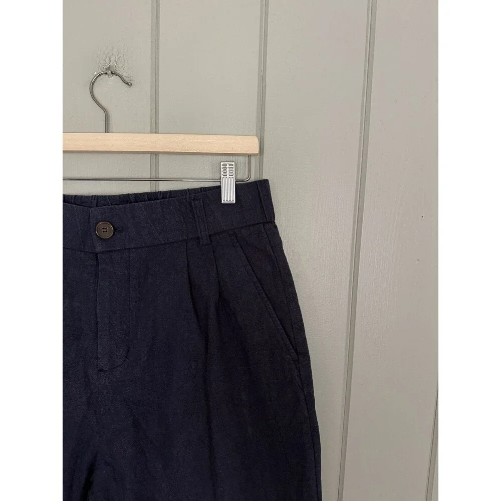 Red Tornado American Retro Work Pants 34 Blue Ramie Cotton Elastic Waist Pleated